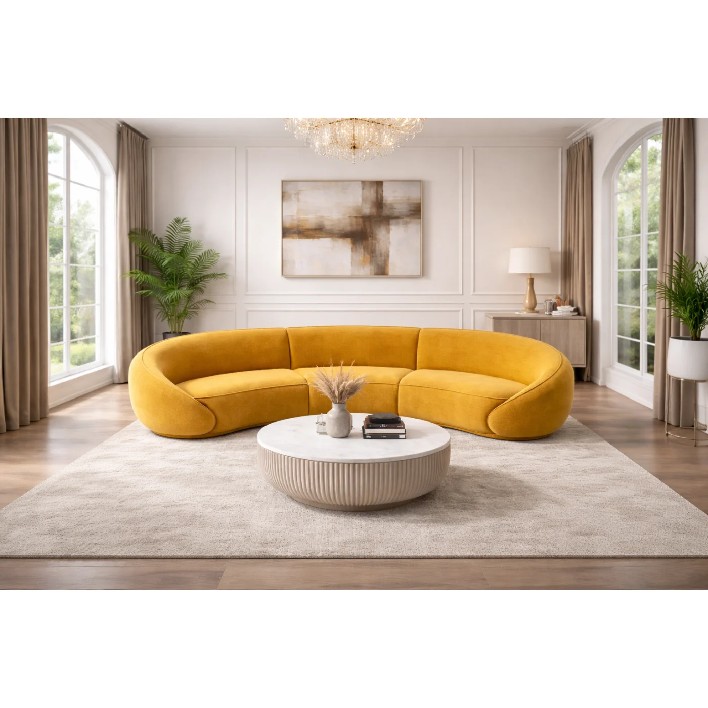 Modern Curved Modular Sofa Set – Mustard Yellow Velvet Lounge  (Warm Golden Yellow)