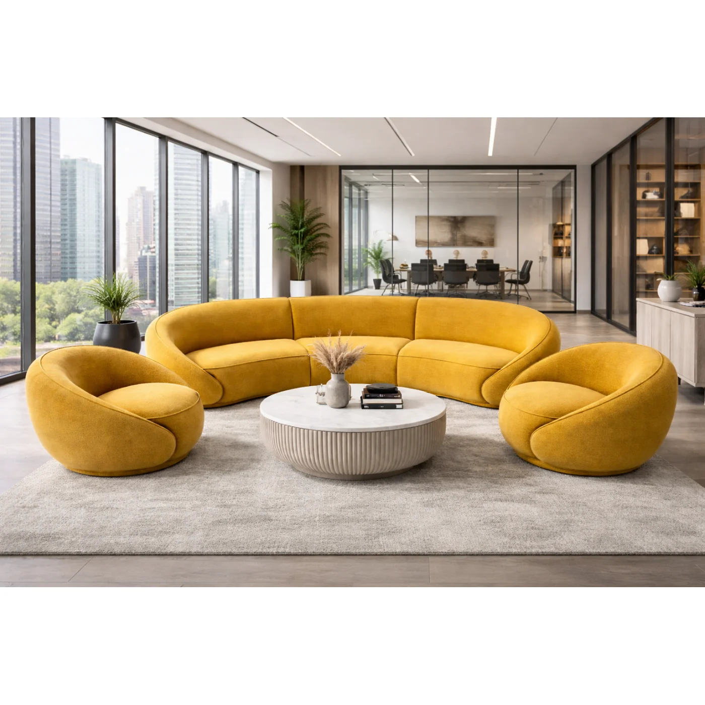 Modern Curved Modular Sofa Set – Mustard Yellow Velvet Lounge  (Warm Golden Yellow)